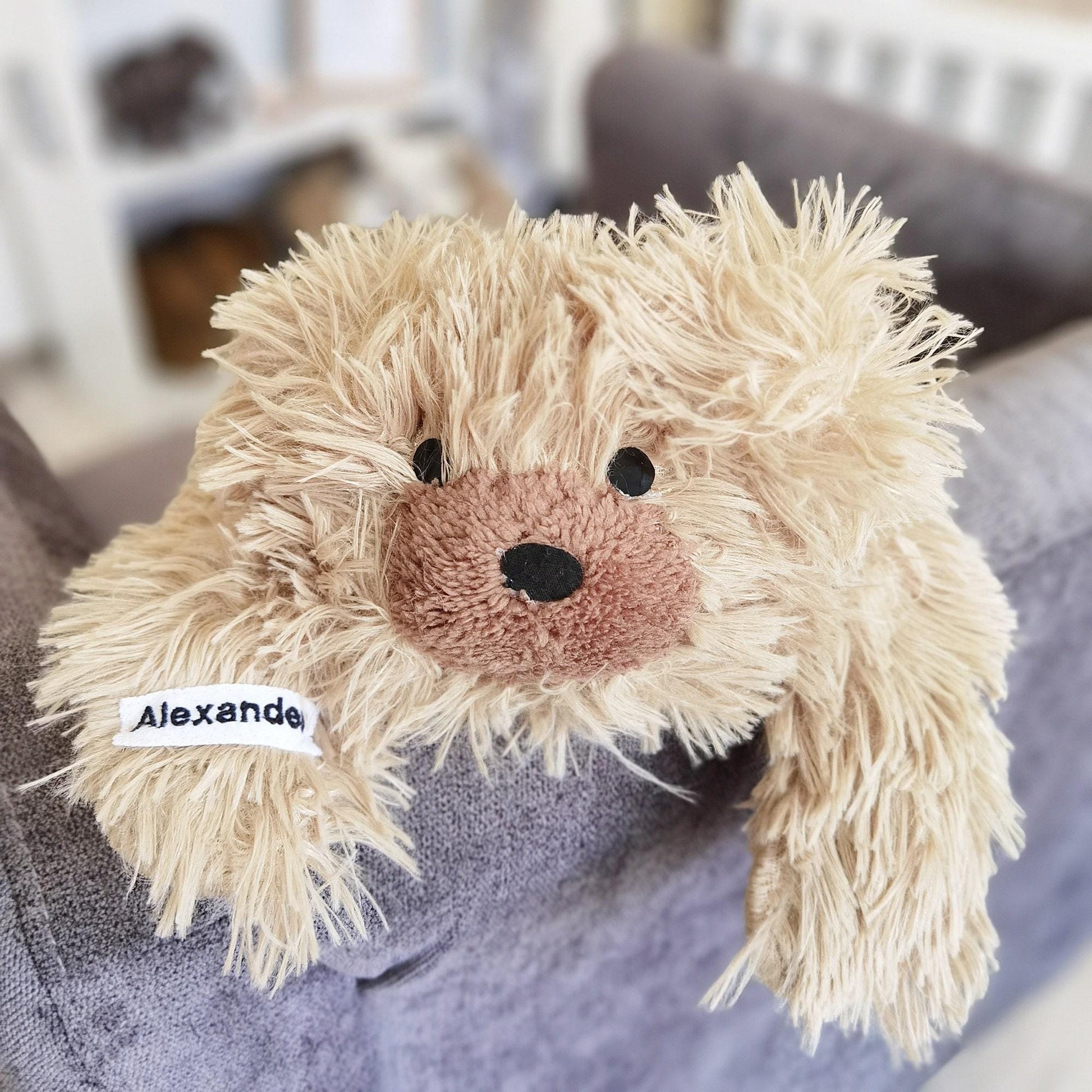 Personalized Fluffy Bear Rug: Warm Taupe Nursery Decor