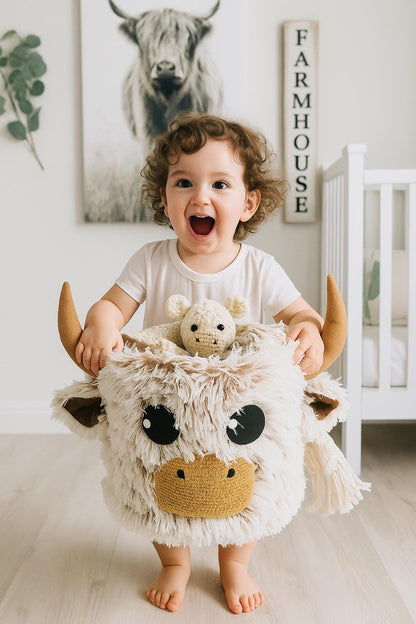 Highland Cow Nursery Set - Personalized Rug, Pillow & Storage Basket Collection