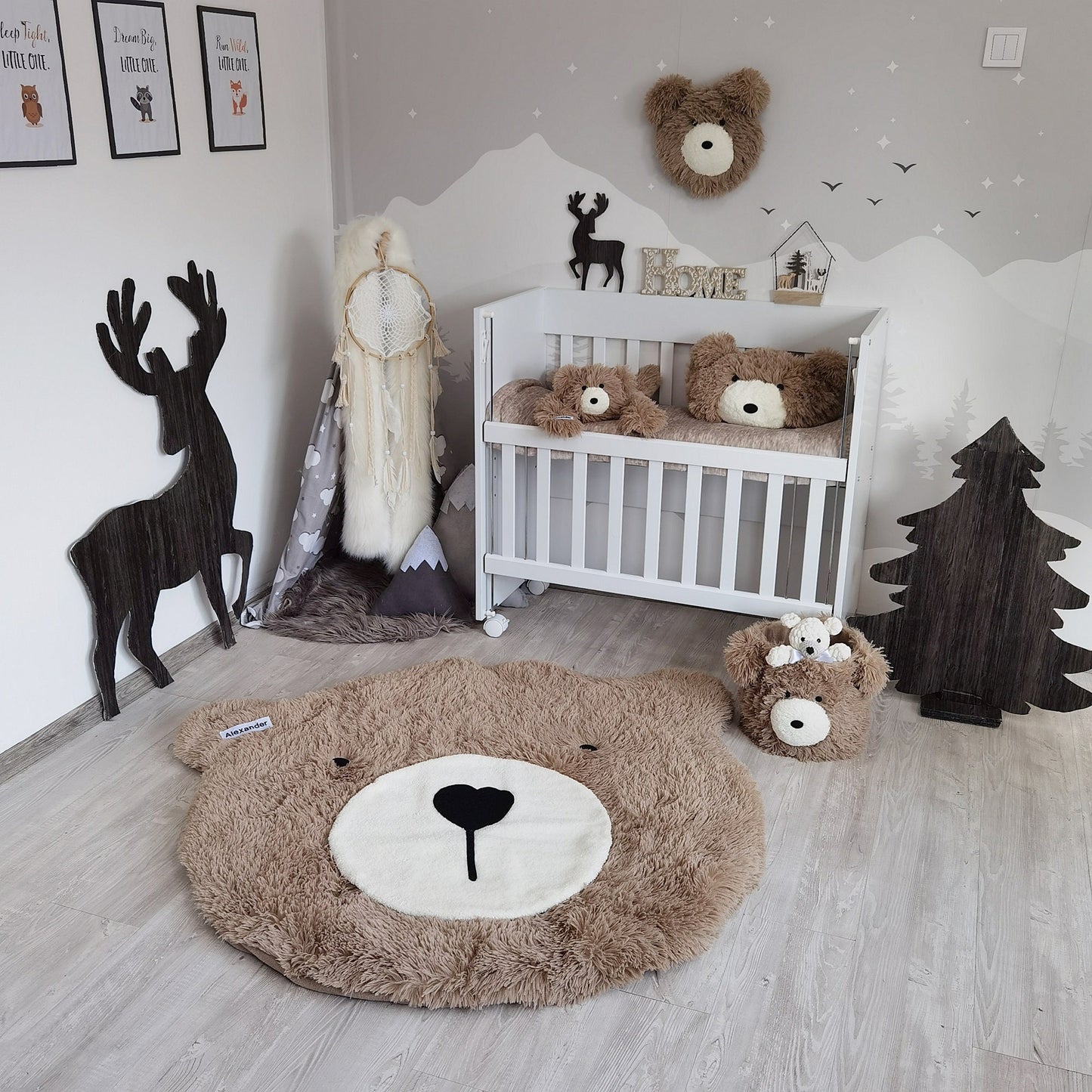 Personalized Fluffy Bear Rug: Taupe Woodland Nursery Decor