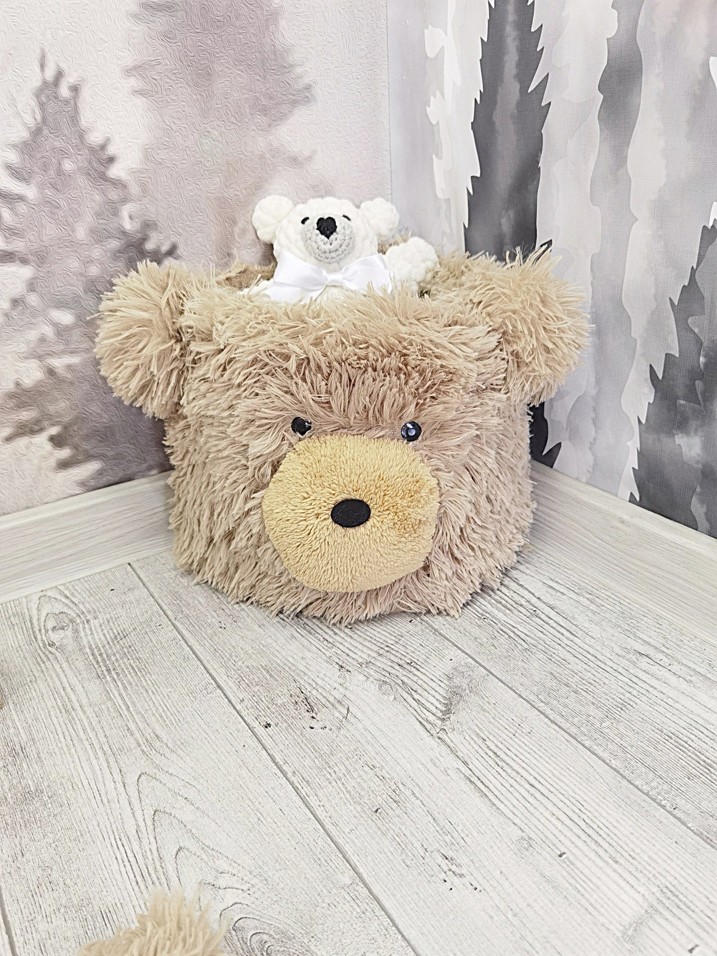 Custom Bear Toy Storage Basket: Minky Woodland Nursery Decor