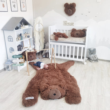 Personalized Bear Rug for Baby Boy Nursery - Soft Brown Plush Animal Play Mat