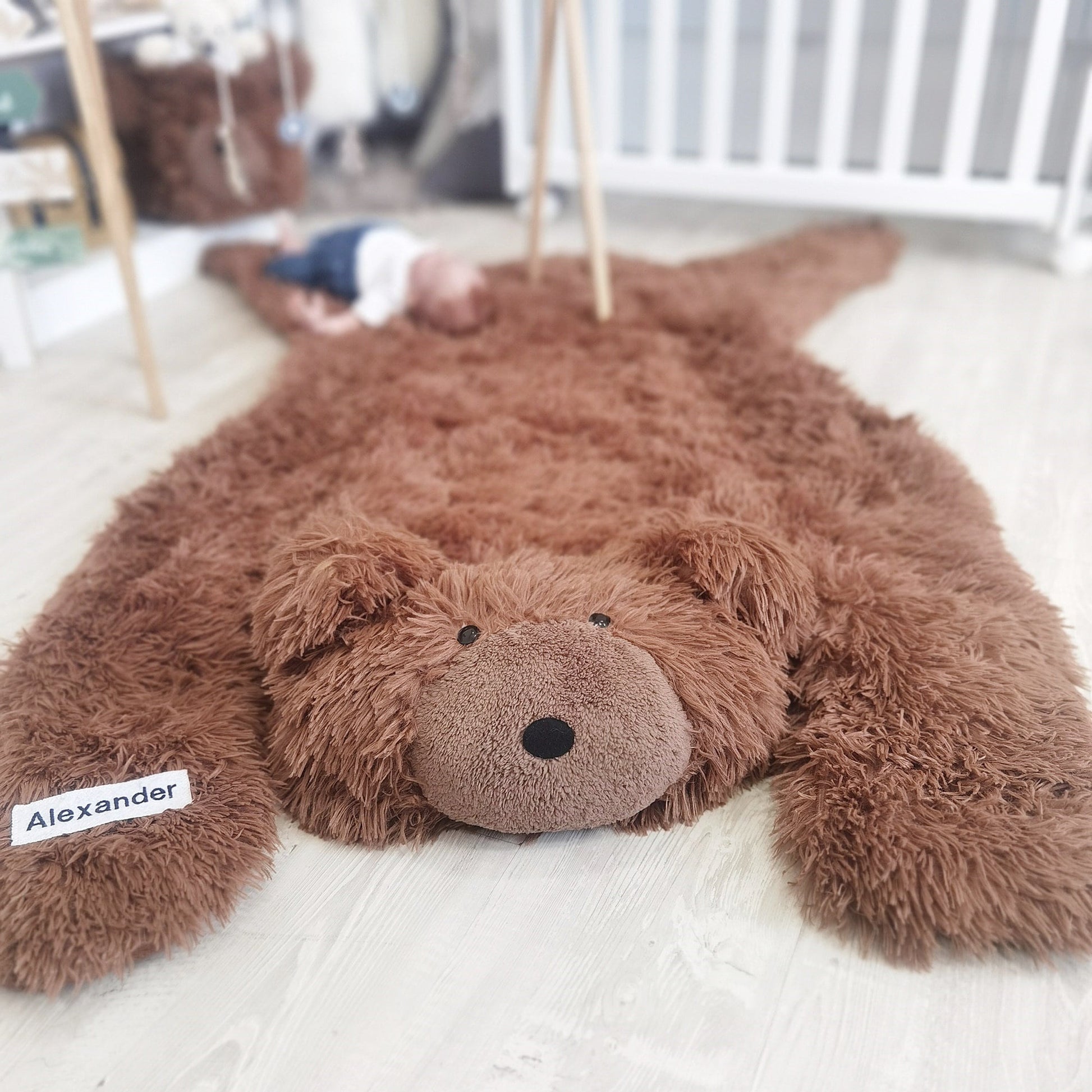 Personalized Bear Rug for Baby Boy Nursery - Soft Brown Plush Animal Play Mat