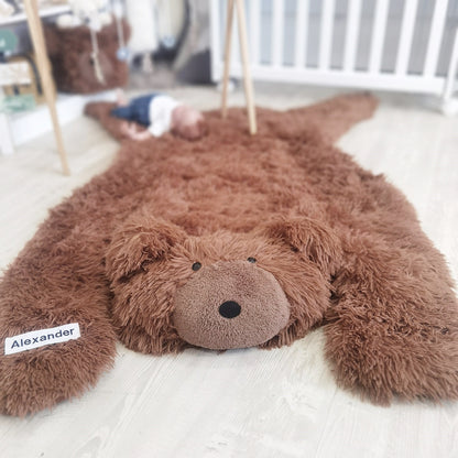 Personalized Bear Rug for Baby Boy Nursery - Soft Brown Plush Animal Play Mat