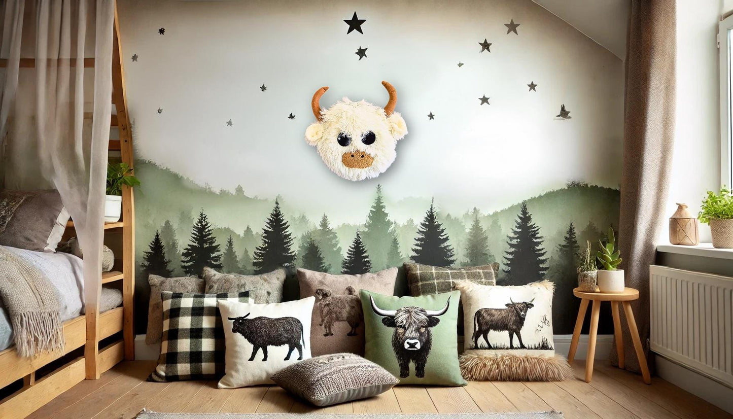 Highland Cow Head Wall Mount: Fluffy Faux Taxidermy Nursery Decor