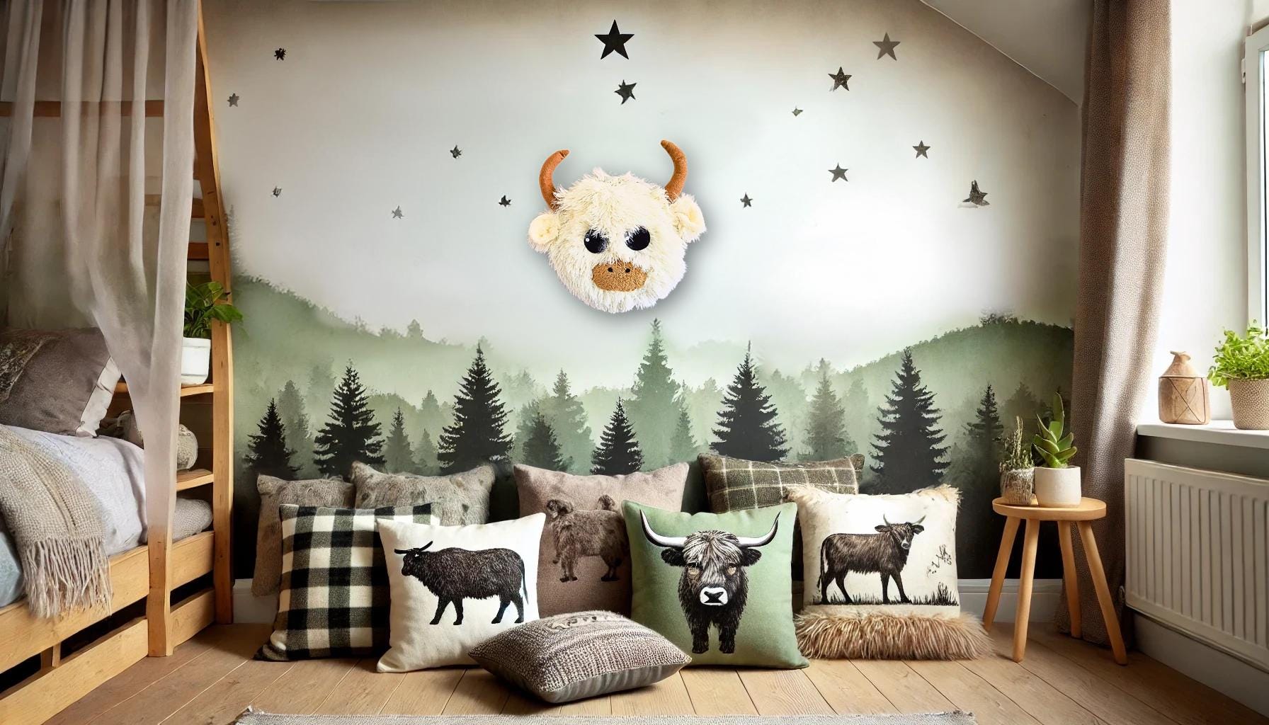 Highland Cow Head Wall Mount: Fluffy Faux Taxidermy Nursery Decor
