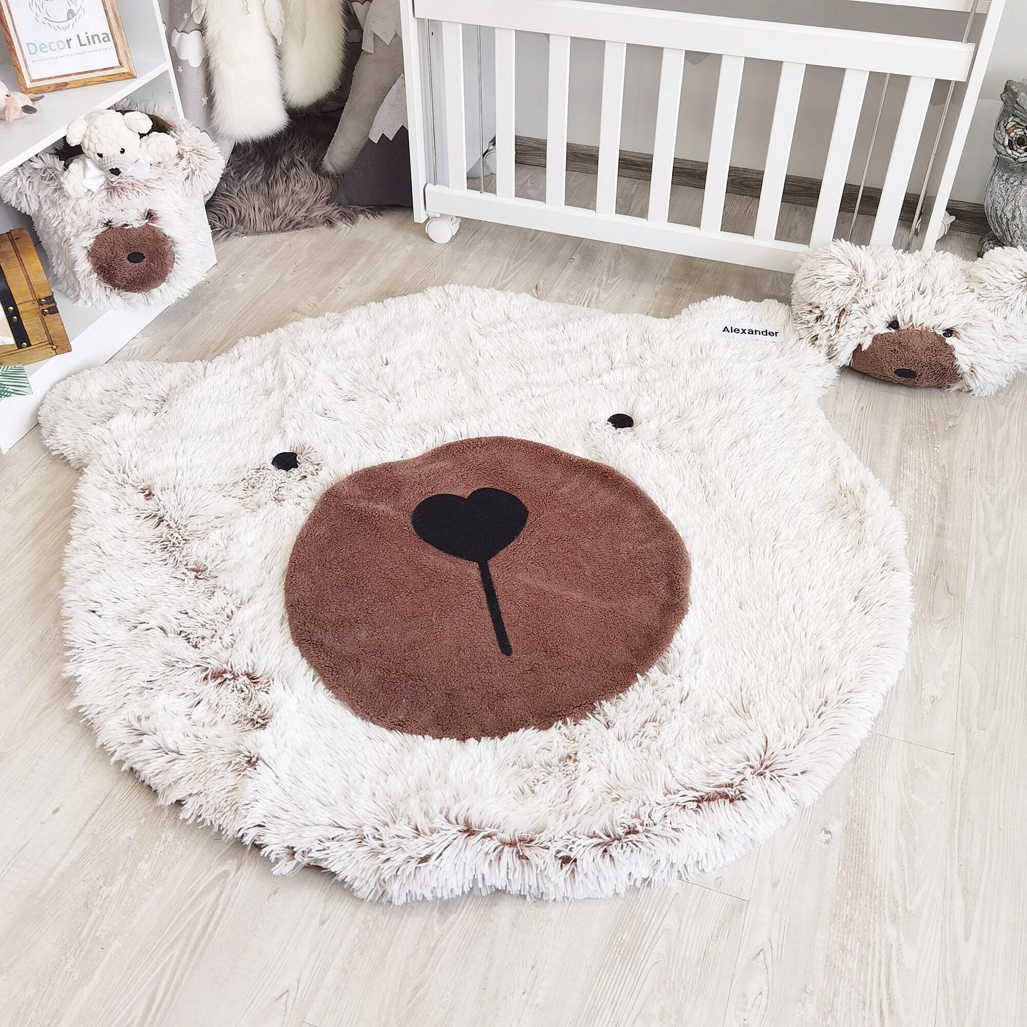 Personalized Fluffy Bear Rug: Cocoa/Snow Nursery Decor