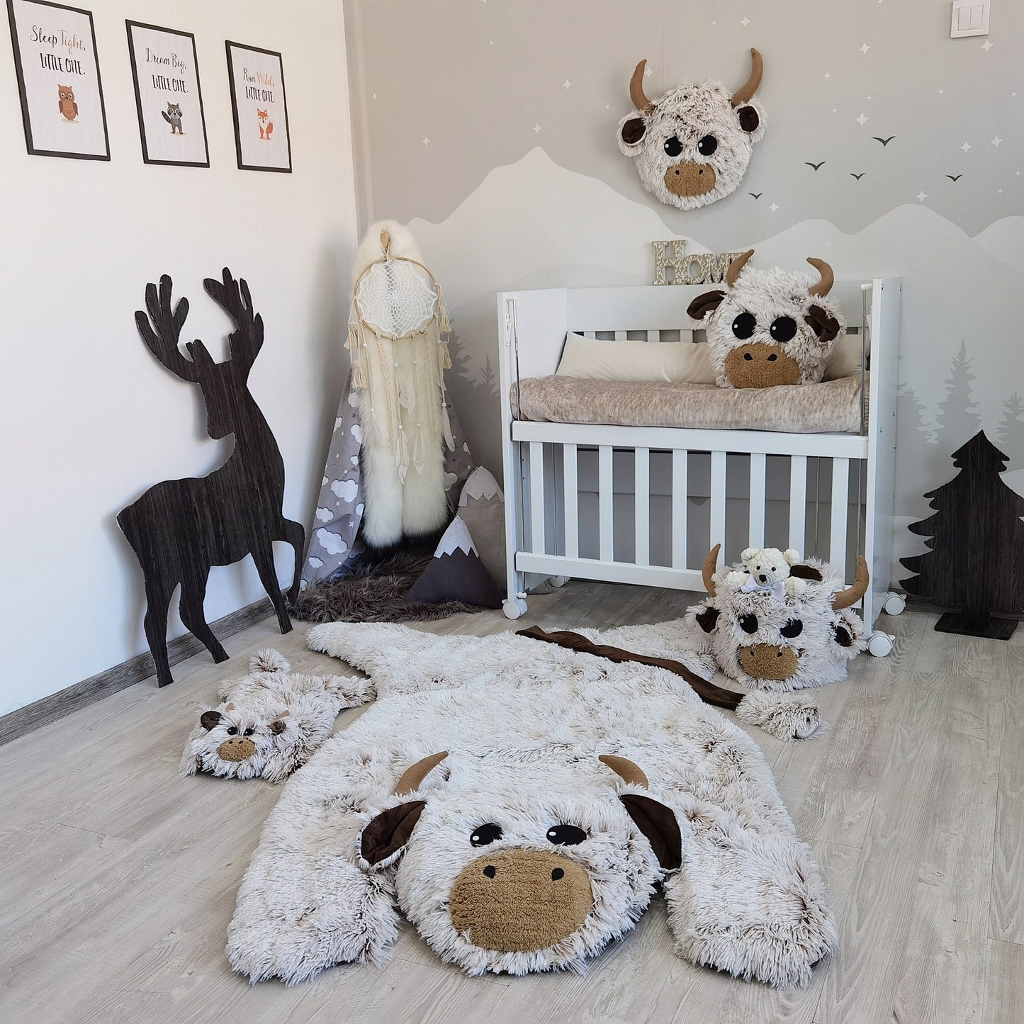 Highland Cow Nursery Set - Personalized Rug, Pillow & Storage Basket Collection
