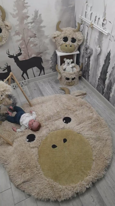 Highland Cow Nursery Rug - Personalized Shaggy Minky Play Mat for Baby