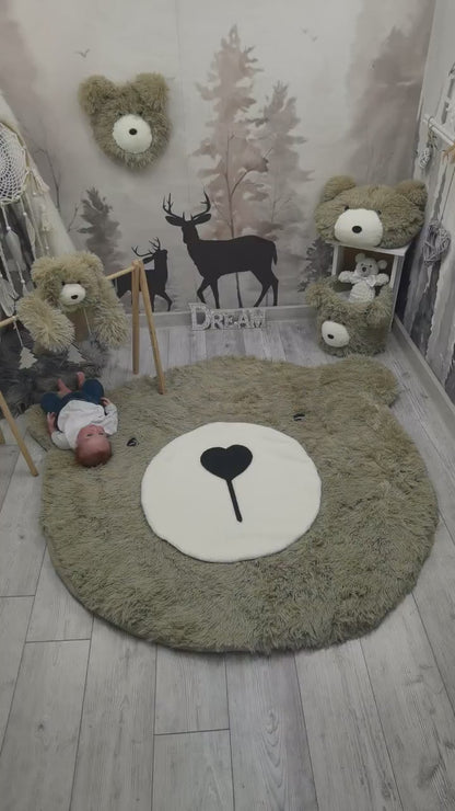 Personalized Fluffy Bear Rug: Taupe Woodland Nursery Decor