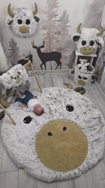 Highland Cow Nursery Rug: Plush Farmhouse Baby Playmat