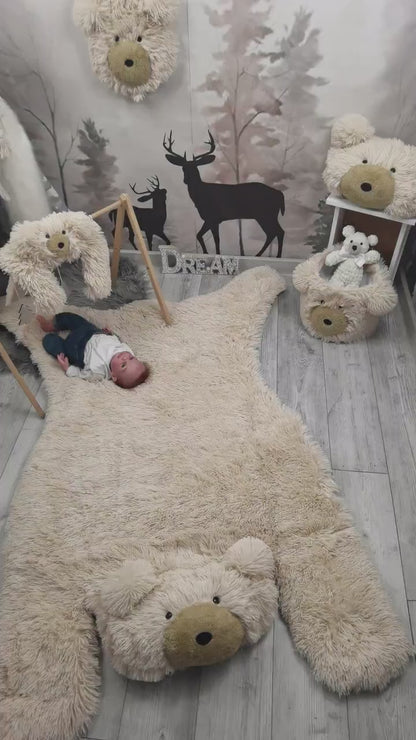 Personalized Beige Bear Rug: Fluffy Minky Nursery Decor