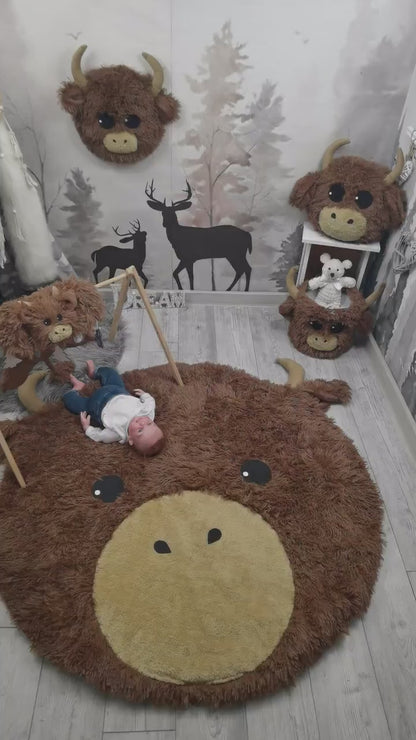 Highland Cow Nursery Rug - Soft Plush Farm Animal Play Mat for Baby Room Decor
