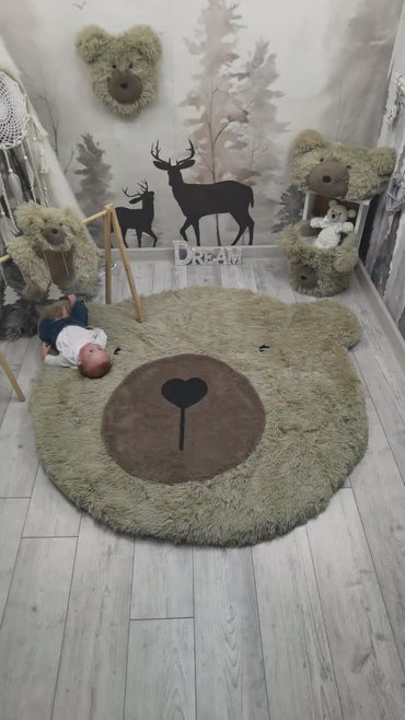 Personalized Fluffy Bear Rug: Warm Taupe Nursery Decor