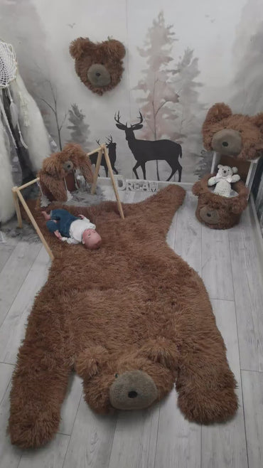 Personalized Bear Rug for Baby Boy Nursery - Soft Brown Plush Animal Play Mat
