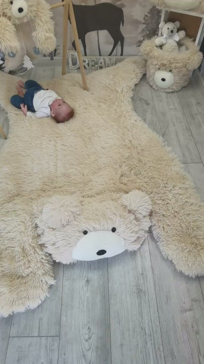Handmade Beige Faux Fur Bear Rug: Woodland Nursery Decor
