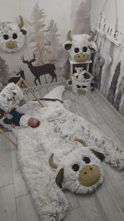 Highland Cow Nursery Rug: Faux Fur Farm Animal Decor
