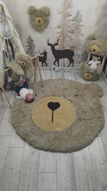 Personalized Nursery Bear Rug: Warm Taupe Minky Fabric, Adventure Theme